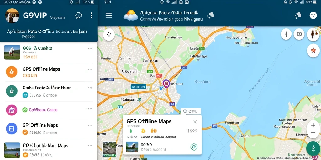 Tampilan antarmuka GPS Offline Maps G9VIP yang sederhana dan informatif.