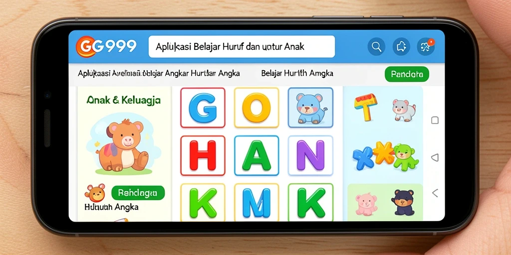 Tampilan antarmuka GG999 yang ramah anak saat belajar huruf dan angka.